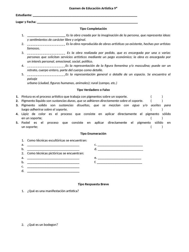 Examen de Educación Artística 9º | PDF | Pinturas | Las artes