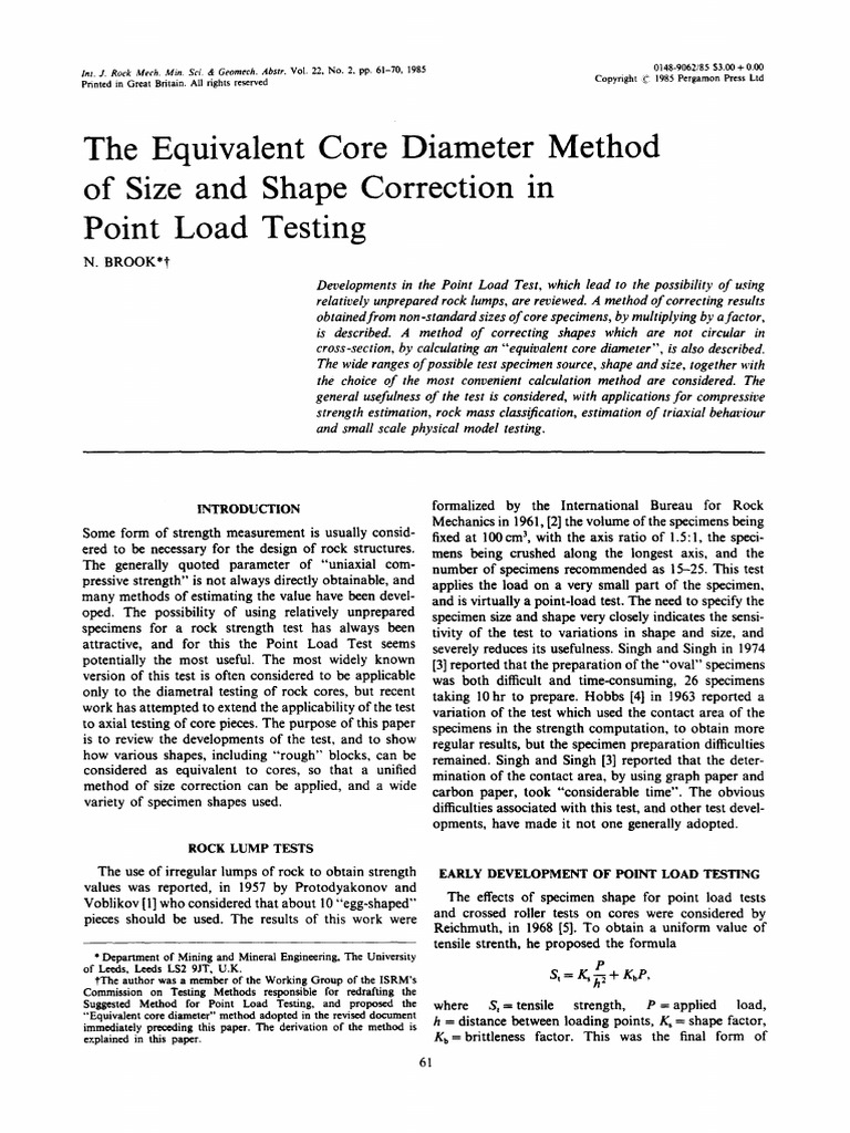 Equivalent Core Diameter Method in Point Load Testing | PDF | Fracture ...
