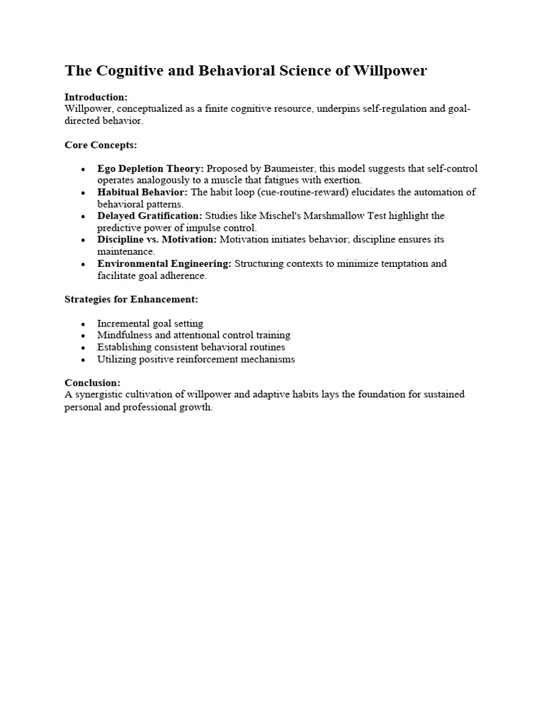 The Cognitive and Behavioral Science of Willpower Lecture Notes | PDF