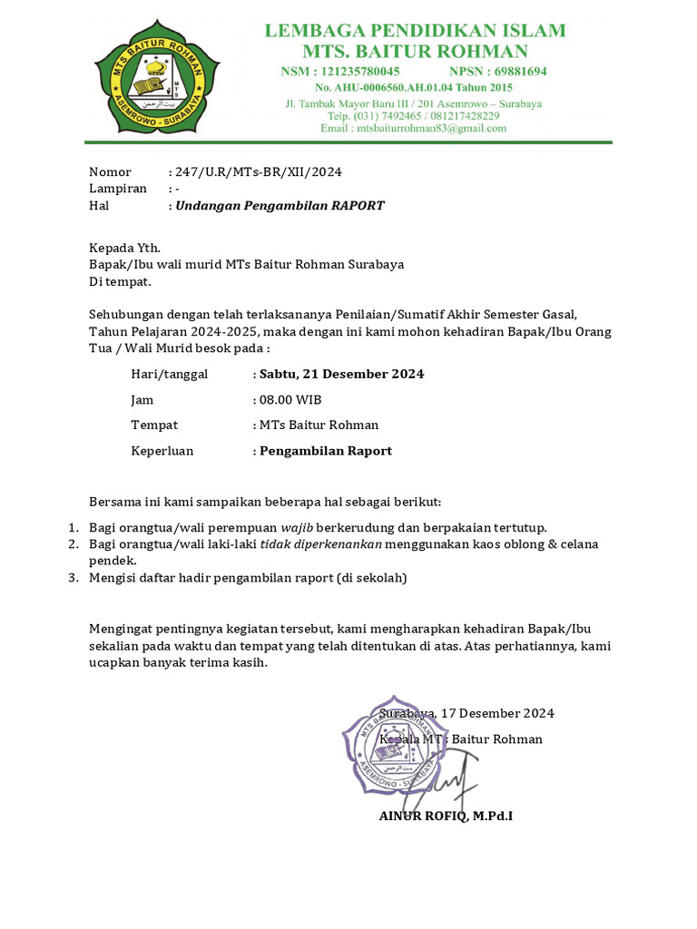 Undangan Pengambilan Raport MTs Baitur Rohman | PDF