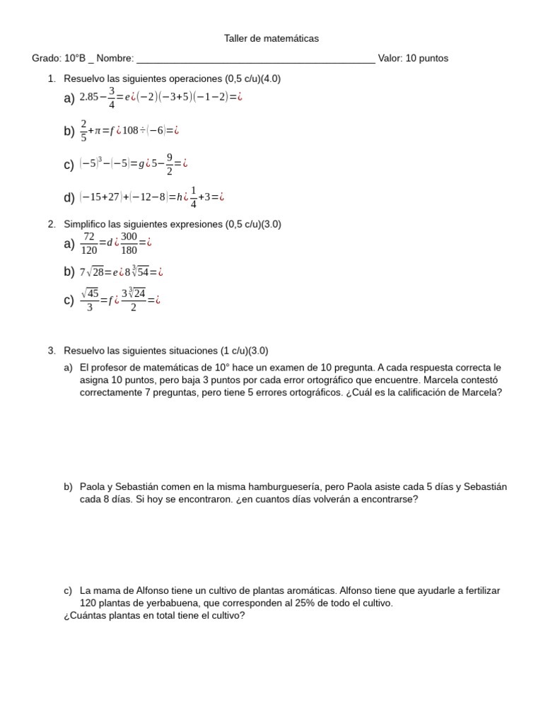 Taller de Matematicas Con Operaciones | PDF