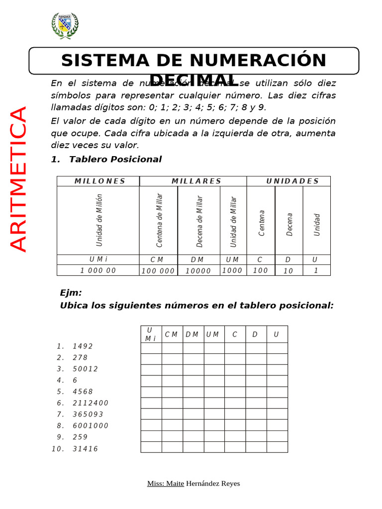 Sistema de Numeracion Decimal para Cuarto de Primaria | PDF | Decimal ...