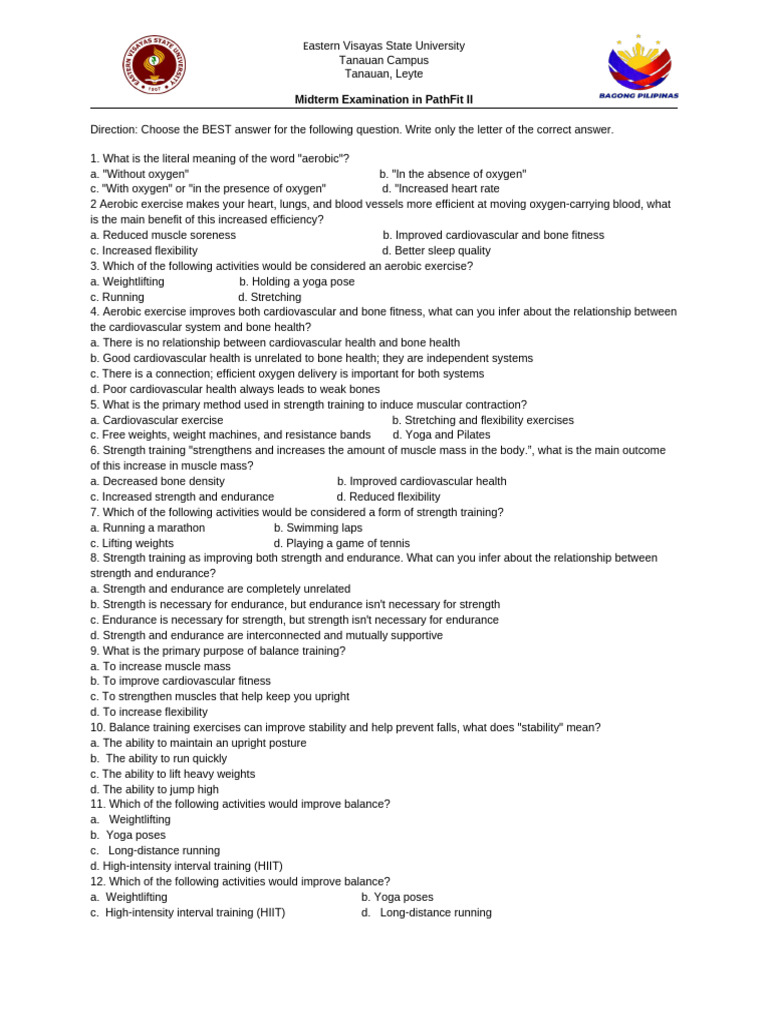 PathFit II Midterm Exam Questions | PDF | Strength Training | Balance ...