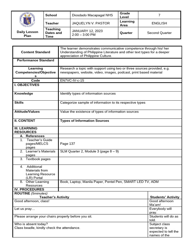 Grade 7 English Lesson Plan: Info Sources | PDF | Learning | Information