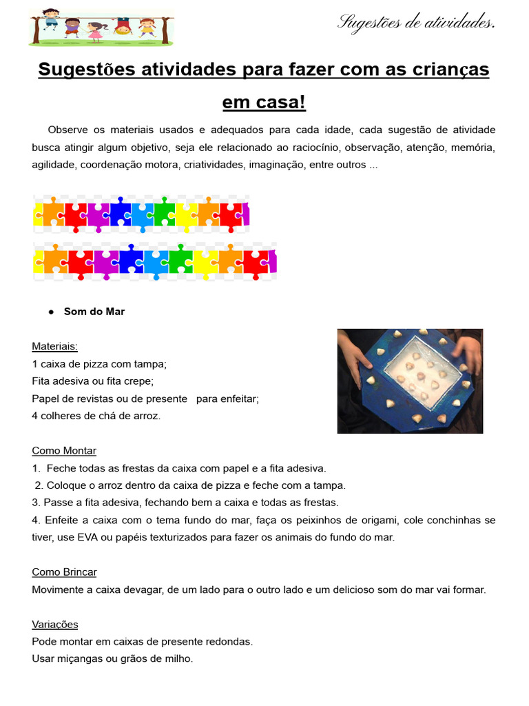 Sugestões Atividades para Fazer Na Quarentena Com As Crianças | PDF ...