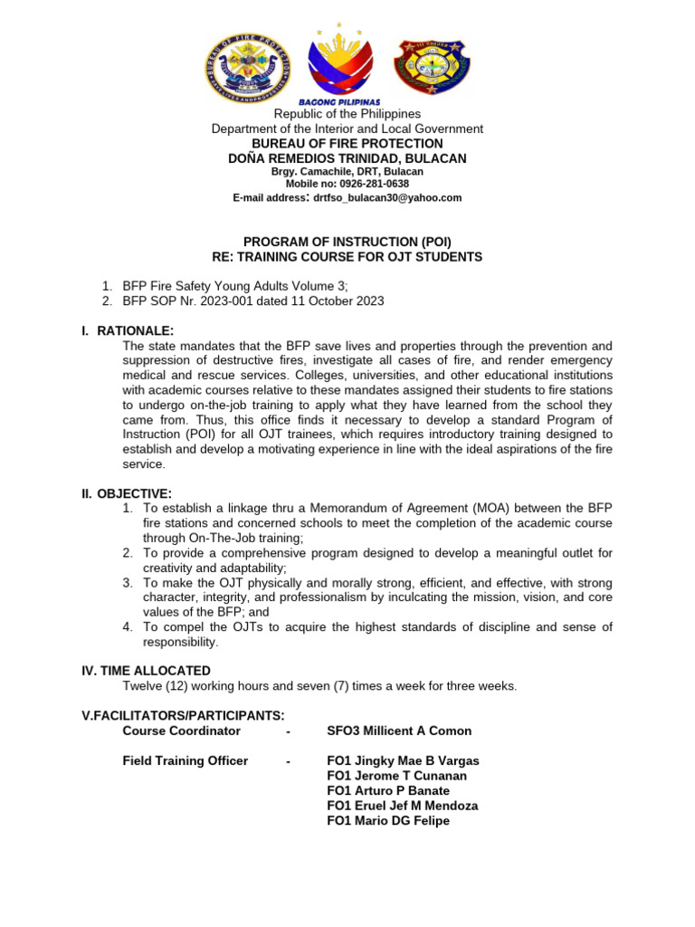 BFP OJT Training Program Outline | PDF | Fires | Firefighting