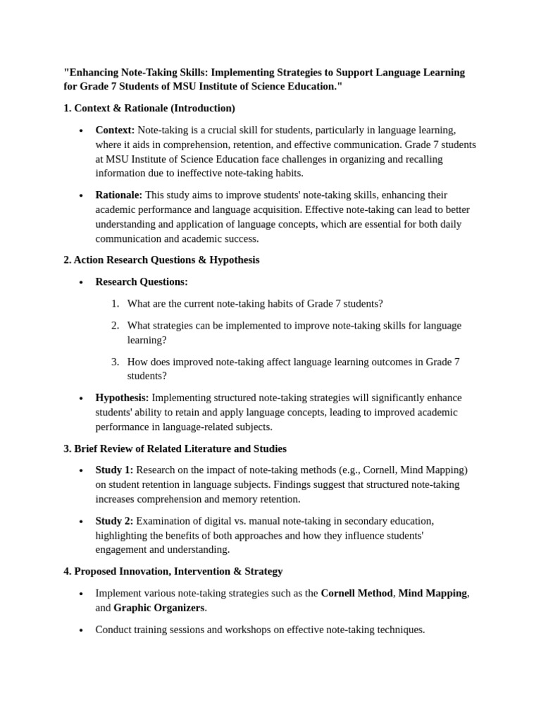 Note-Taking Strategies for Grade 7 Language Learning | PDF | Reading ...