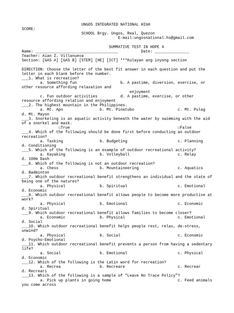 Summative Test on Outdoor Recreation | PDF | Recreation | Mountaineering