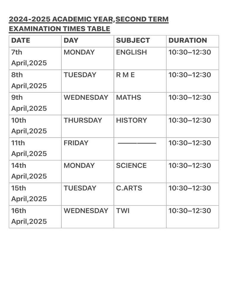2024-2025 Second Term Exam Schedule | PDF