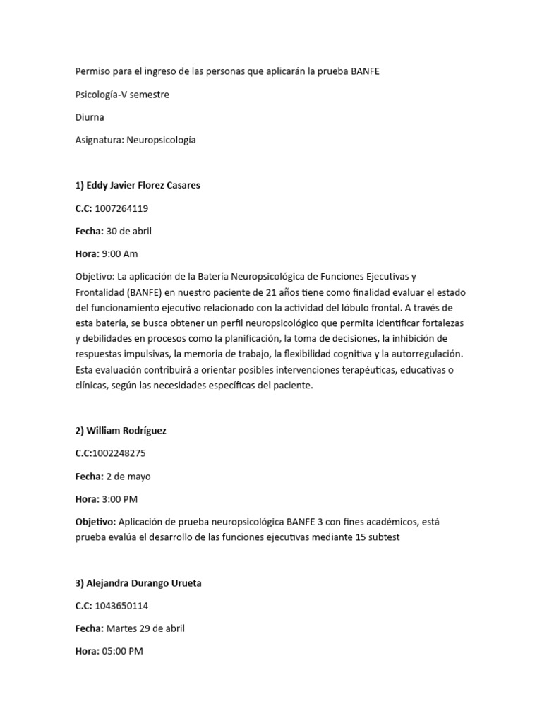 Evaluación Neuropsicológica BANFE | PDF | Funciones ejecutivas ...