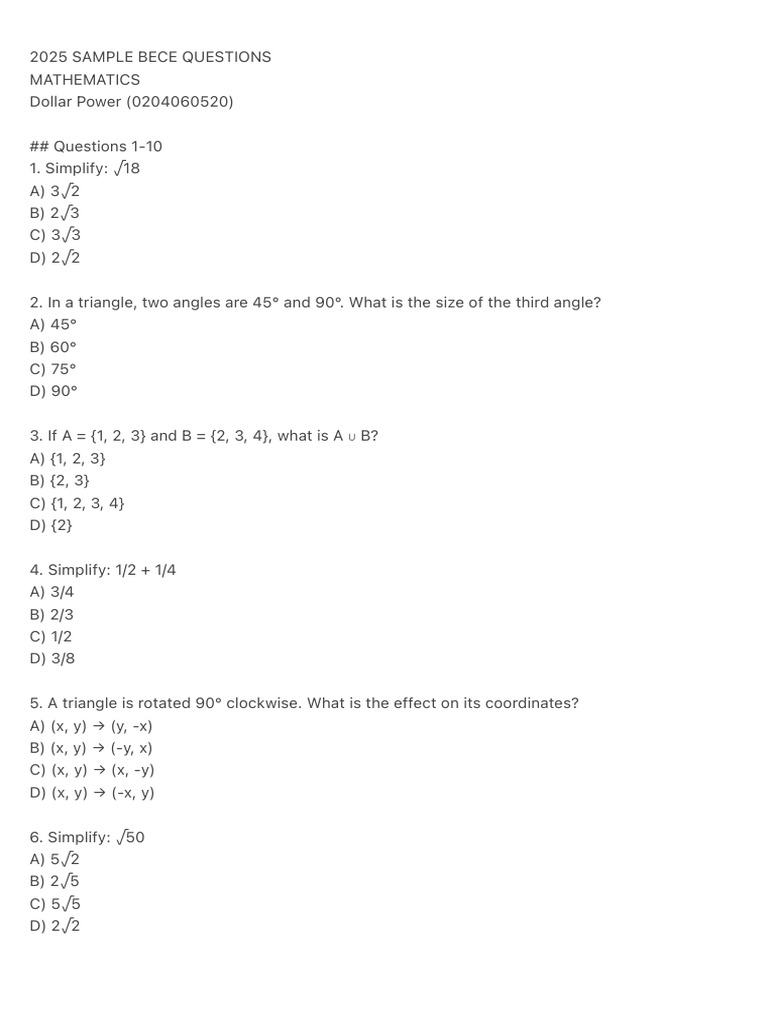 2025 BECE Mathematics Sample Questions | PDF | Triangle | Angle