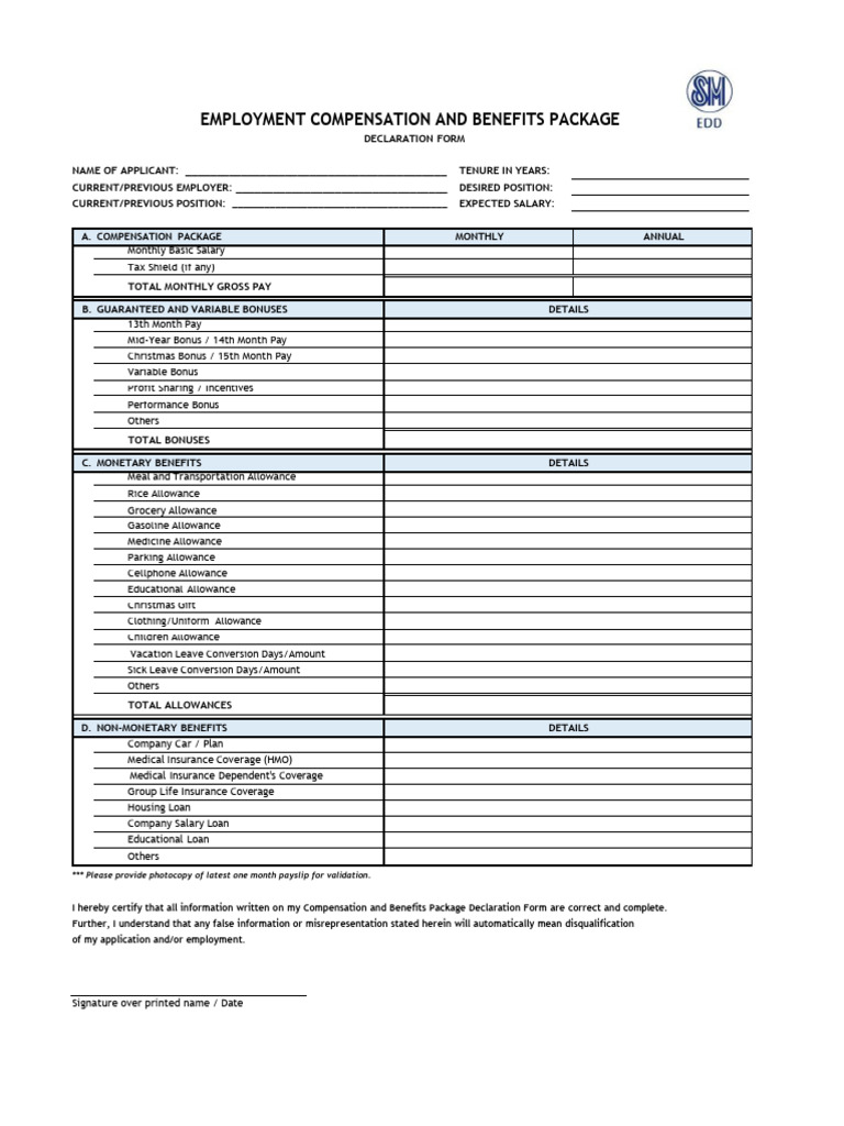 03 - SMEDD Employment Compensation Declaration | PDF | Compensation And ...