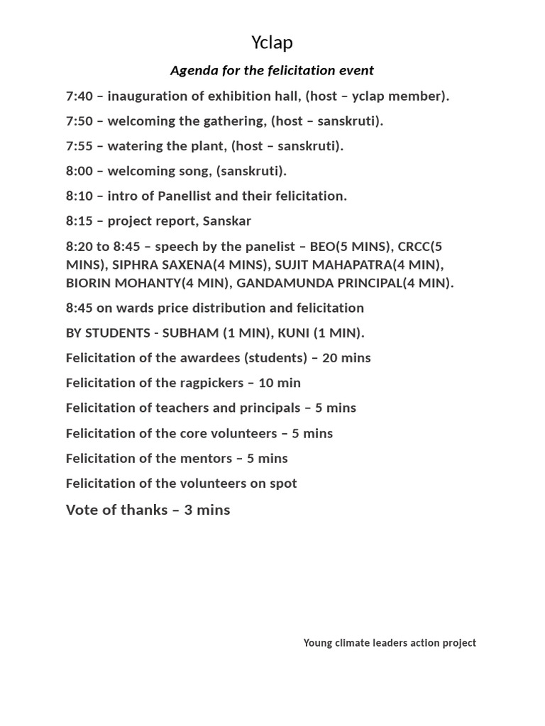 Felicitation Event Agenda for YCLAP | PDF