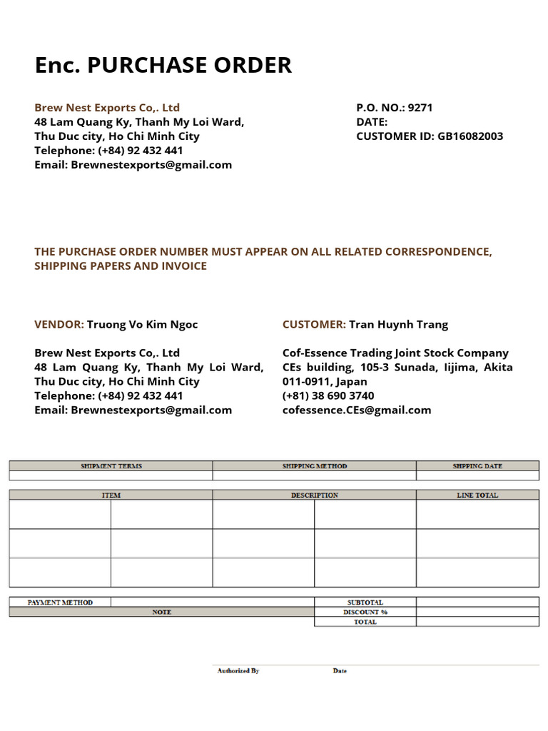 Enc. Purchase Order: Brew Nest Exports Co,. LTD | PDF