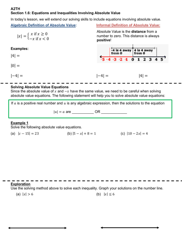 Absolute Value Equations & Inequalities Guide | PDF