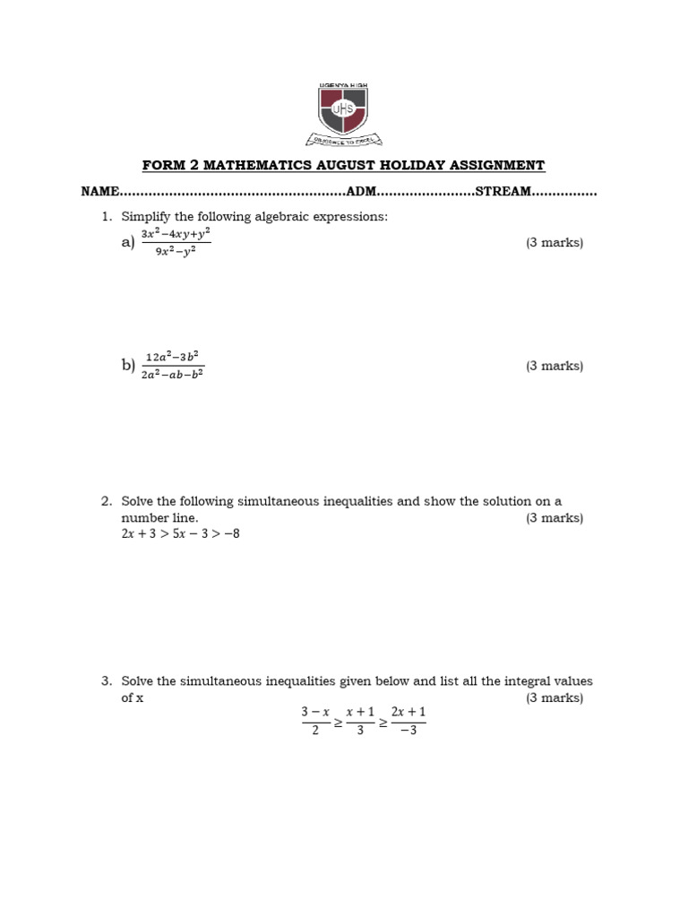 Form 2 Mathematics August Holiday Assignment | PDF | Inequality ...