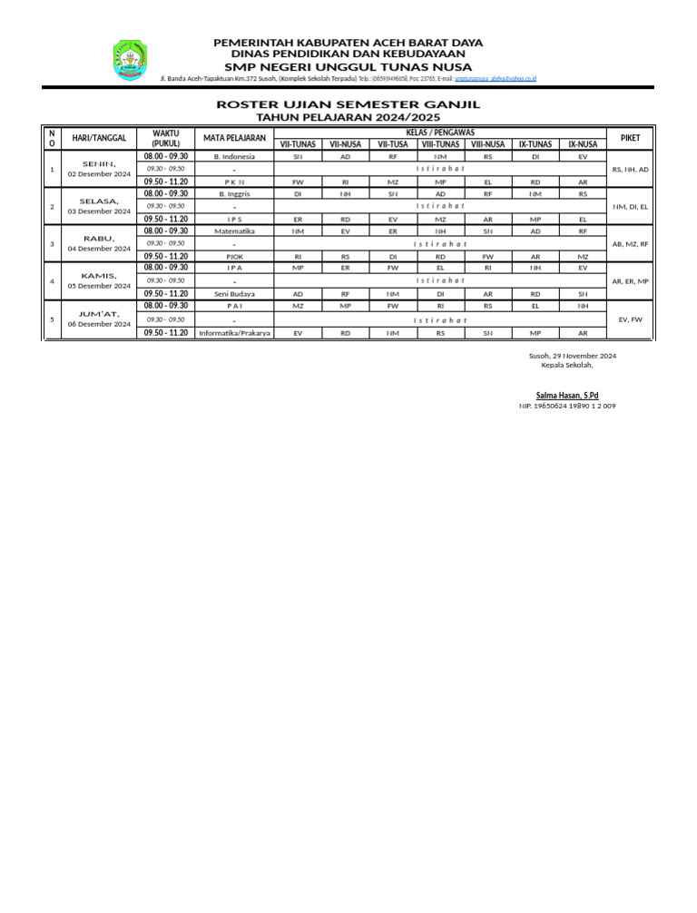 Roster Ujian SM 1 2024-2025 | PDF