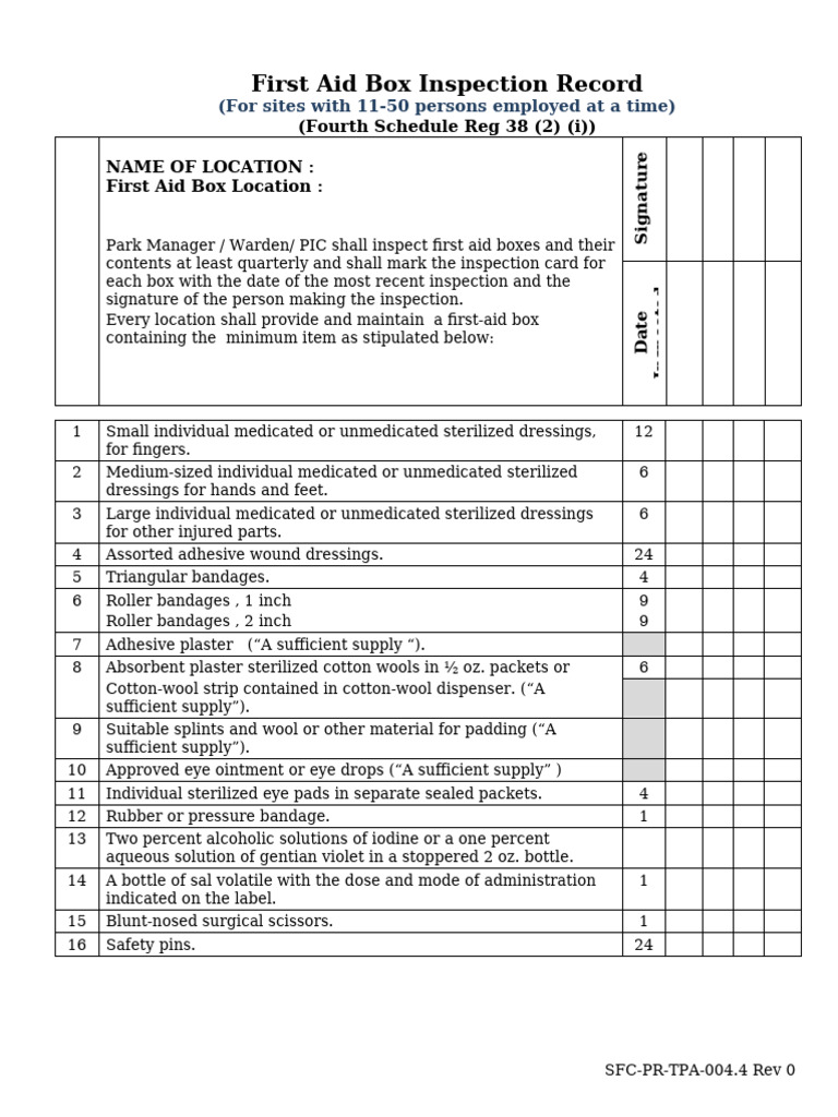 Form 4 - First Aid Box Inspect Record - 11 To 50 Pax | PDF | First Aid