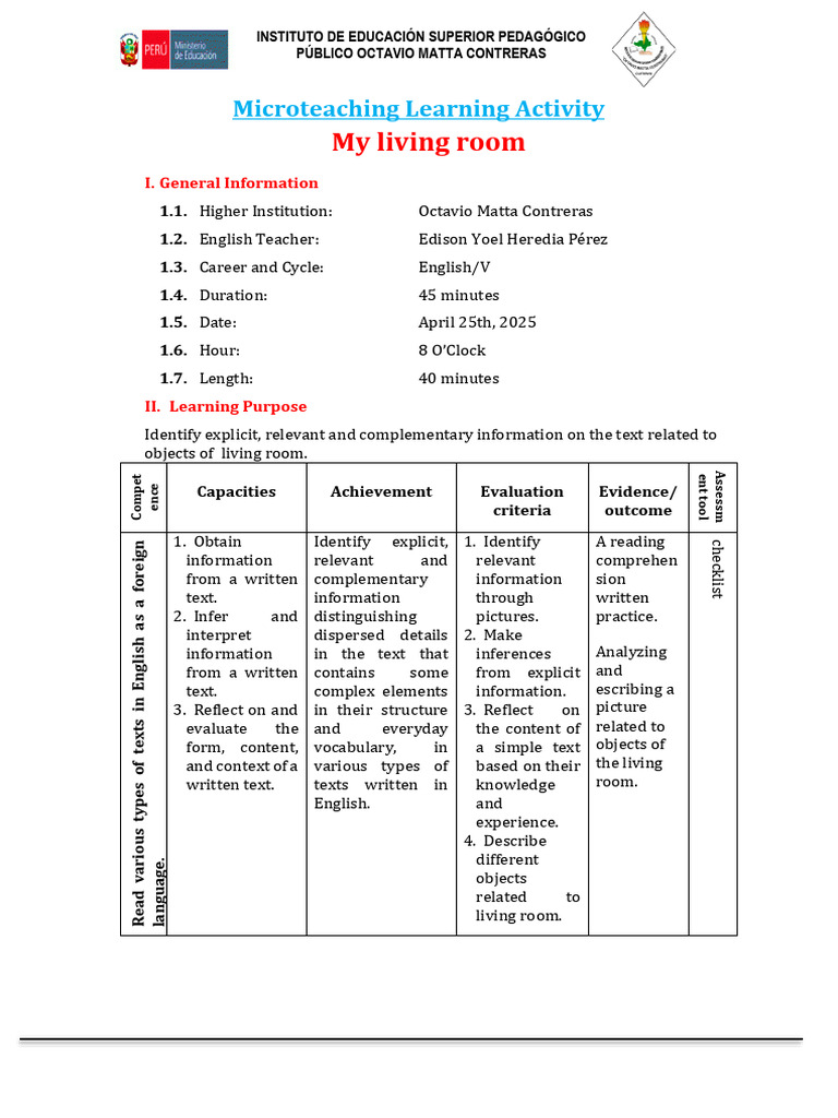 Microteaching: Living Room Objects Lesson | PDF | Information ...