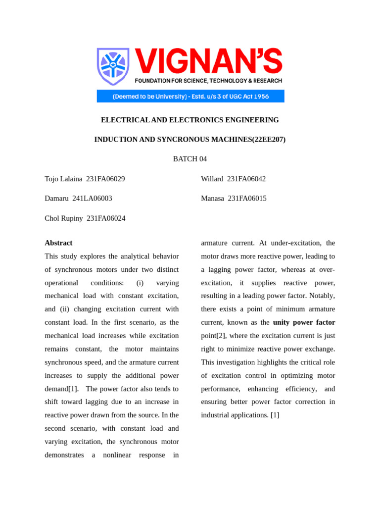 Synchronous Motor Performance Analysis | PDF | Electric Motor ...
