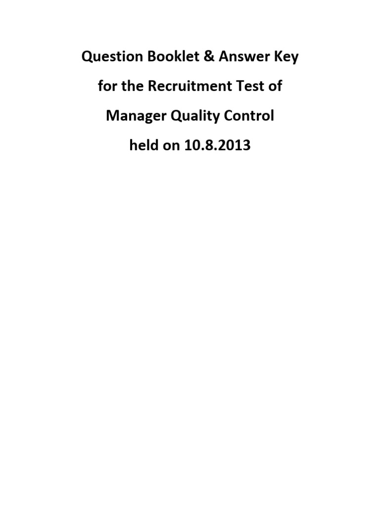 Question Booklet & Answer Key For The Recruitment Test of Manager ...