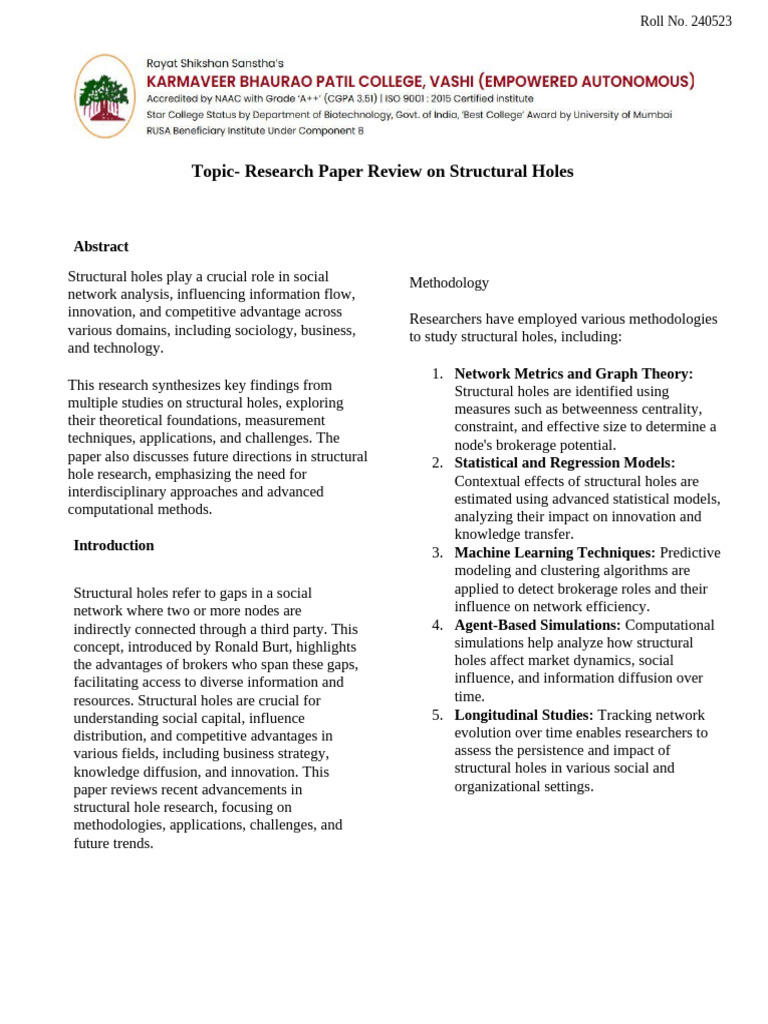 Reseaarch Paper Review Structural Hole | PDF | Methodology | Information