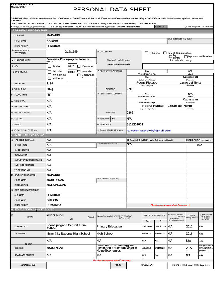 Personal Data Sheet Template | PDF