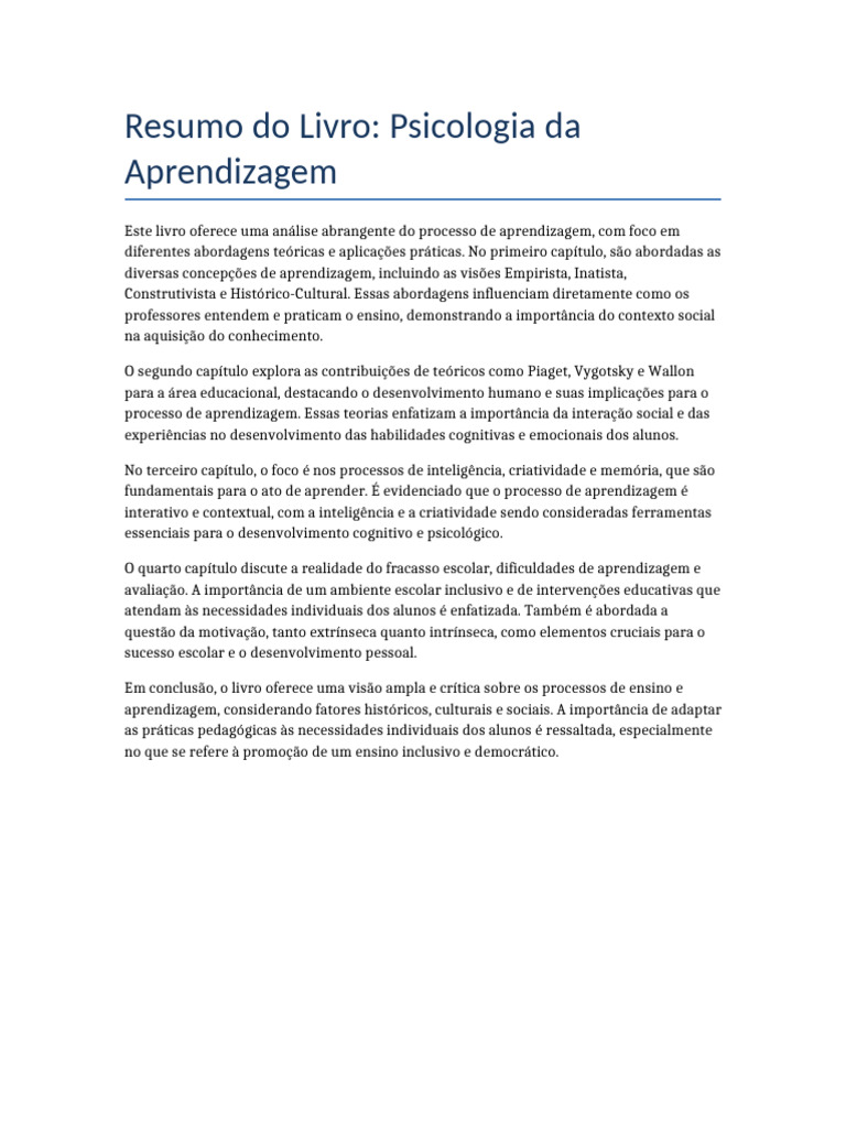 Psicologia da Aprendizagem: Teorias e Práticas | PDF