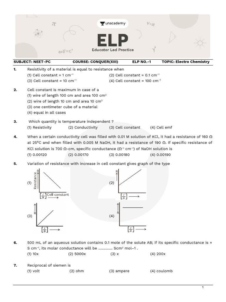 ELP 1 3 Electro Chemistry | PDF | Electrical Resistivity And ...