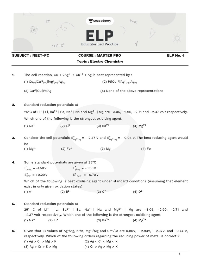 ELP-4 - Electro Chemistry | PDF | Redox | Electricity