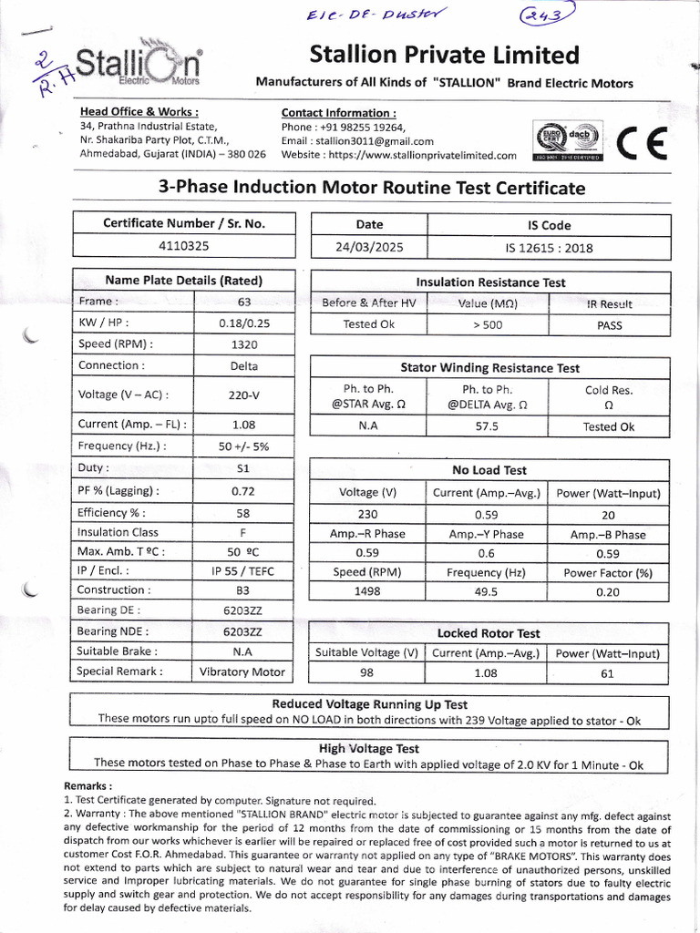 3-Phase Induction Motor Test Certificate | PDF | Electric Motor ...