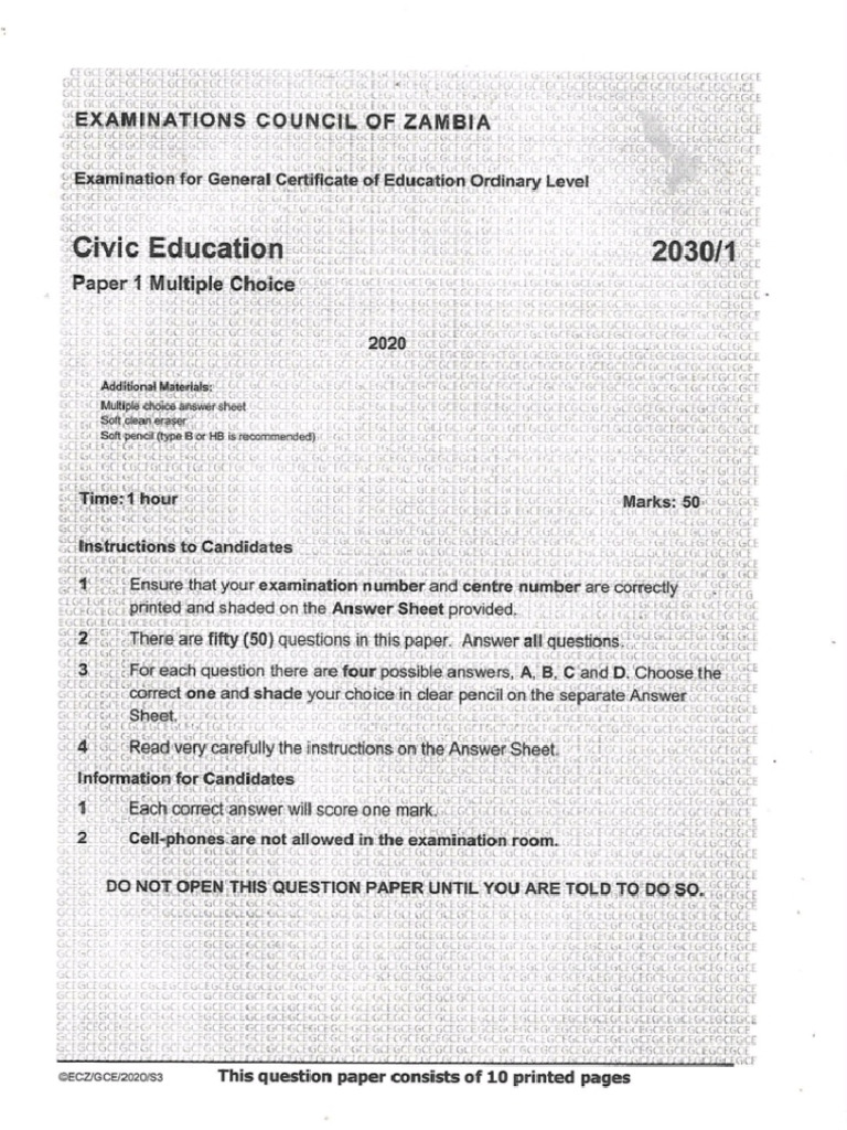 g12 Civic Ed p1 2020 Gce | PDF