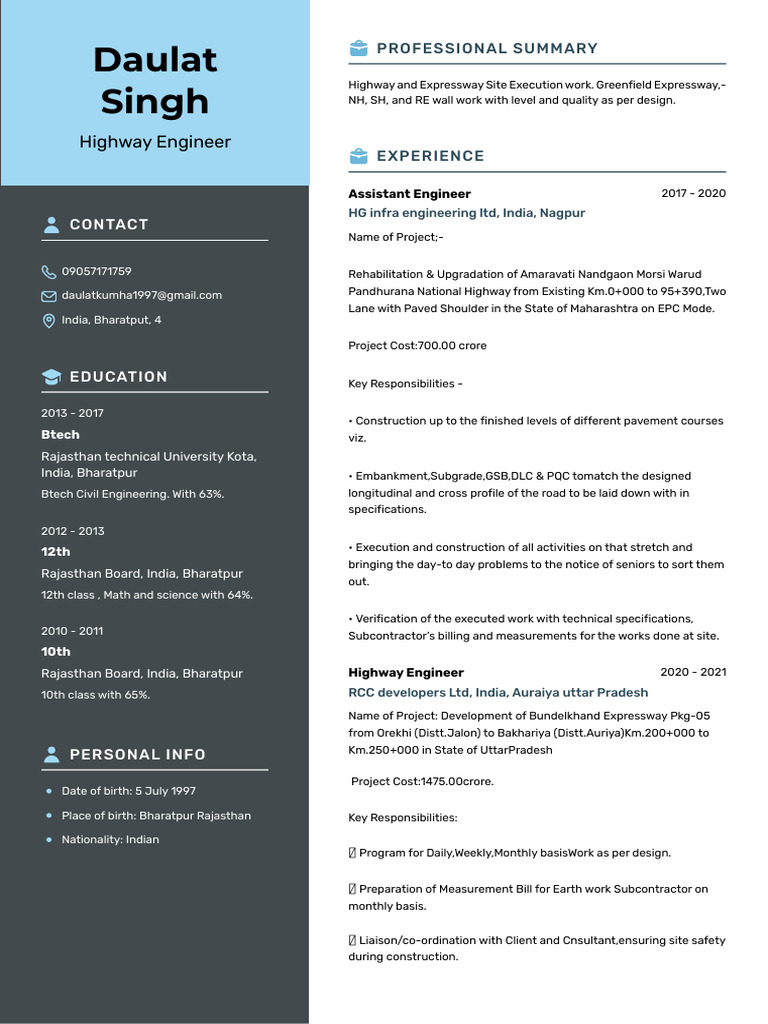 Highway Engineer Resume - India | PDF | Road Infrastructure | Road ...