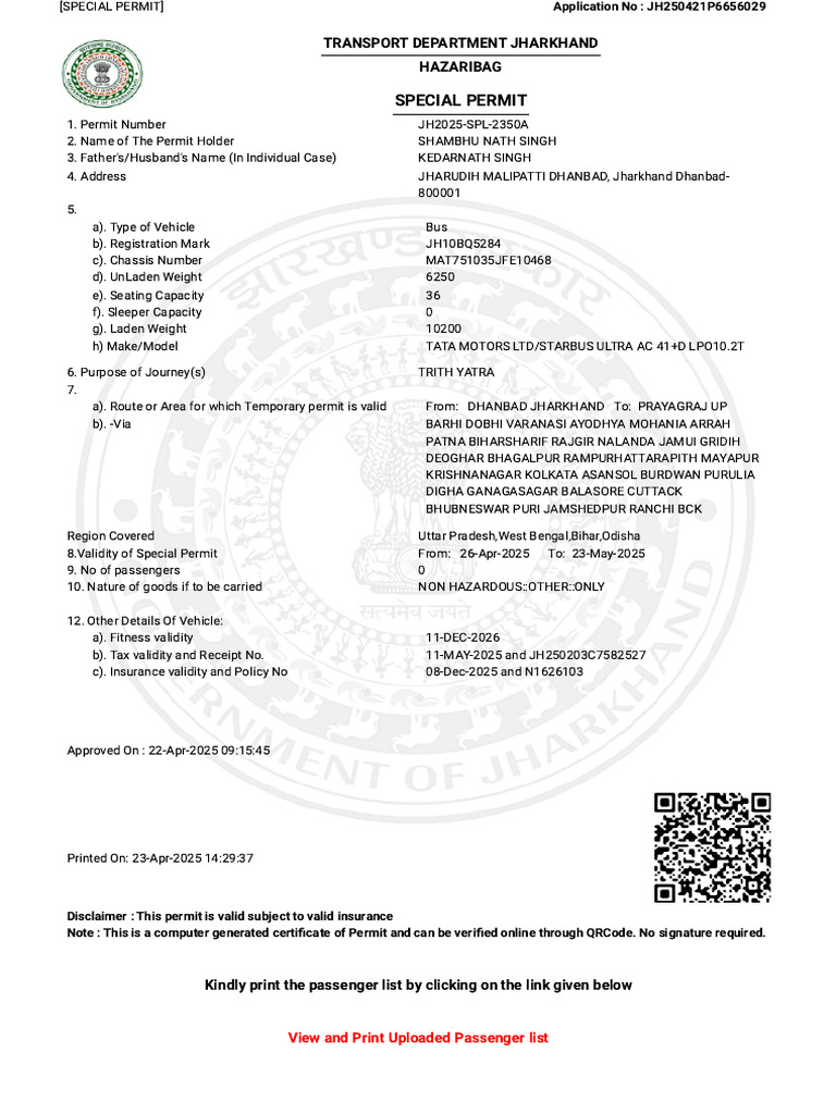 JH10BQ5284 PERMIT UPTO 23 May 25 | PDF | Transport | Vehicles