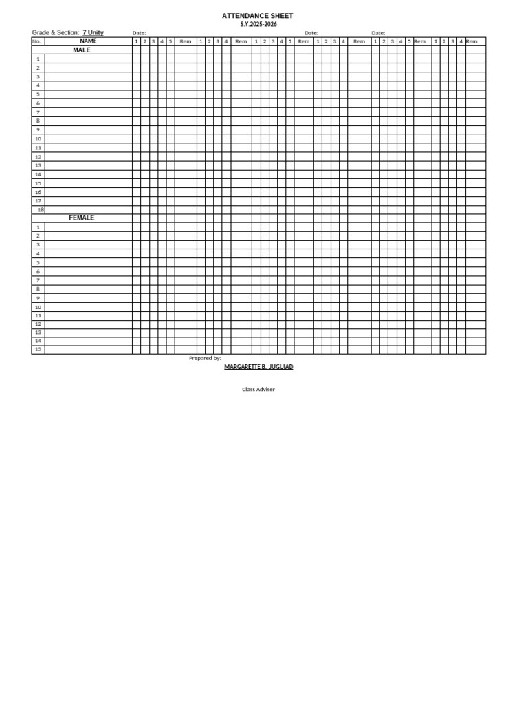 Attendance Sheet for SY 2025-2026 | PDF