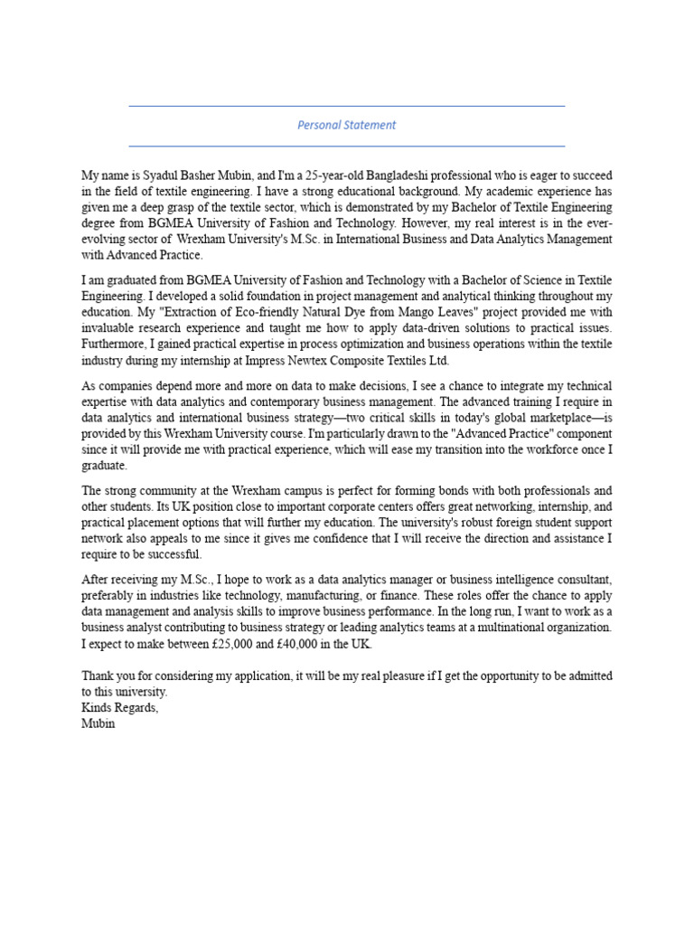 Textile Engineer's M.Sc. Application Statement | PDF | Analytics | Business