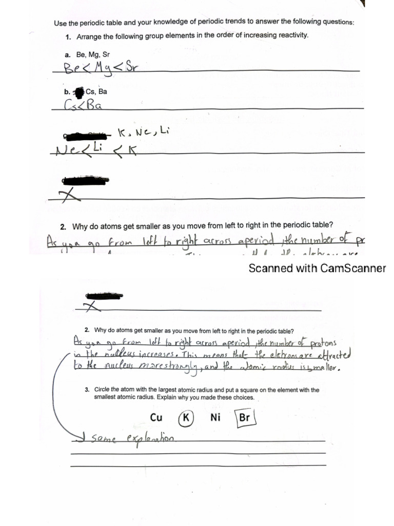 Trends in The Periodic Table Worksheet - Answer Key | PDF