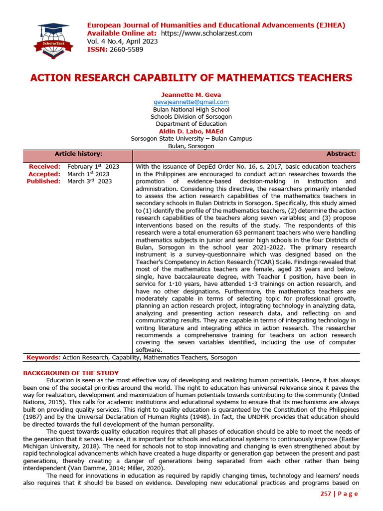 Action Research Skills of Math Teachers | PDF | Action Research | Teachers