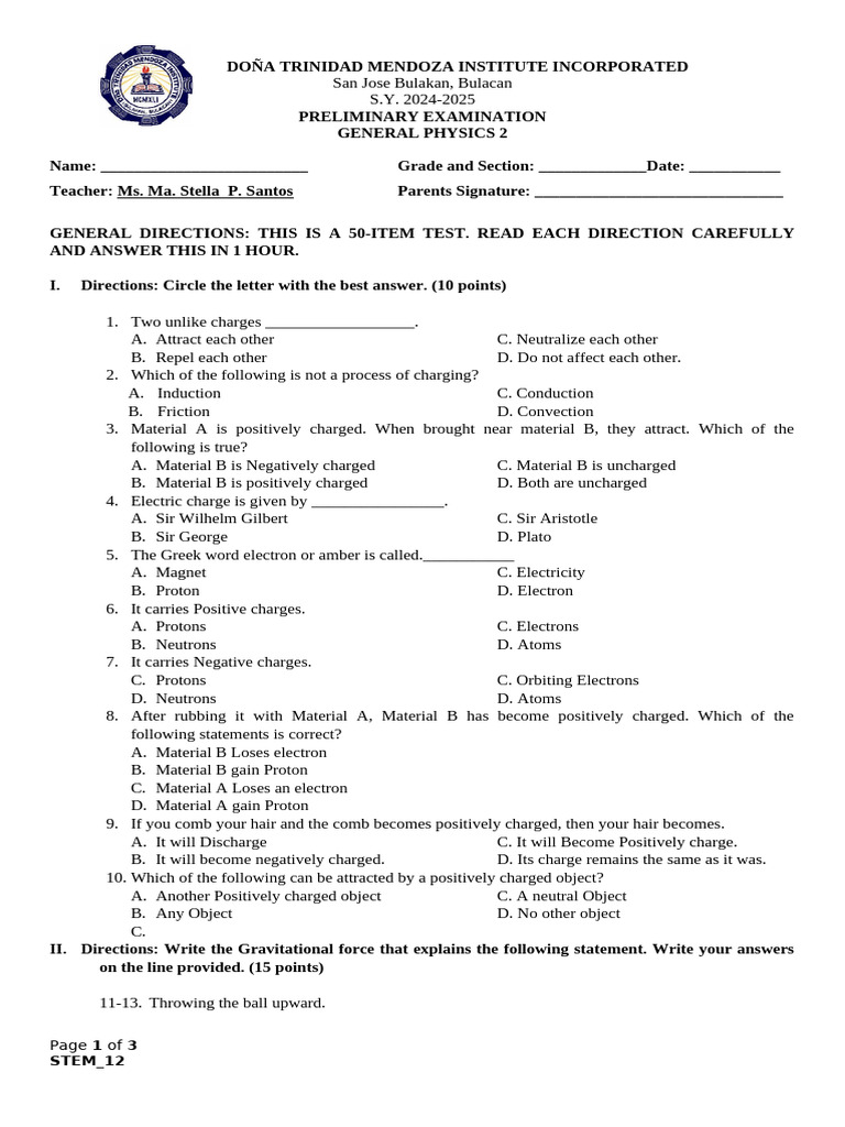 Prelim - Physics 2 - 2nd Sem | PDF | Electric Charge | Electron