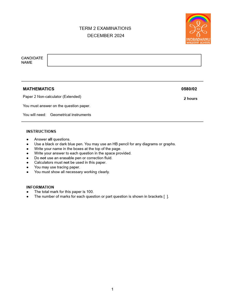Term 2 Examinations December 2024: 0580/02 Mathematics | PDF | Bracket ...