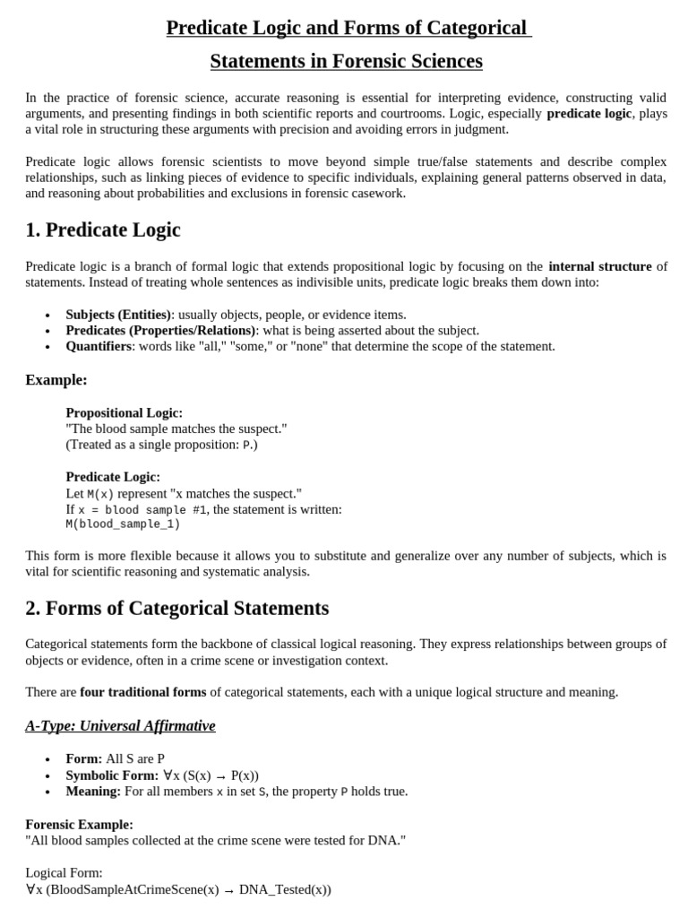FSC 111 Predicate Logic and Forms of Categorical Statements in Forensic ...