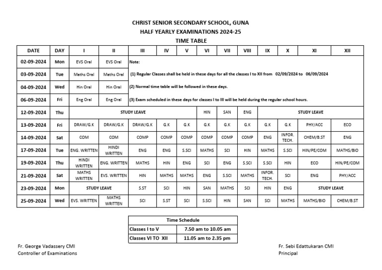 Half Yearly Exam Timetable 2024-25 | PDF