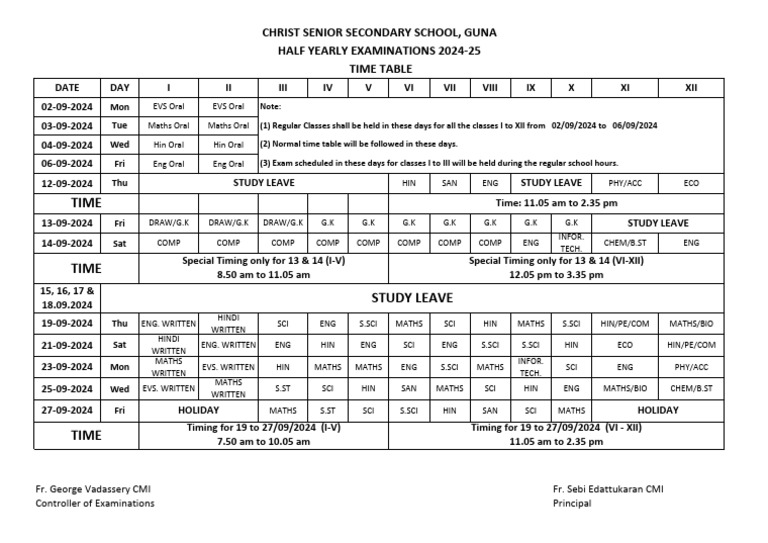 Revised 23082024 - Time Table - Half Yearly Examinations 2024-25 | PDF