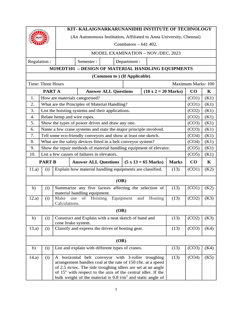 Material Handling Exam Questions 2023 | PDF | Belt (Mechanical ...