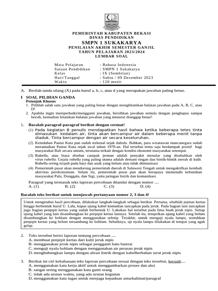 Soal Bahasa Indonesia Kelas IX SMPN 1 | PDF