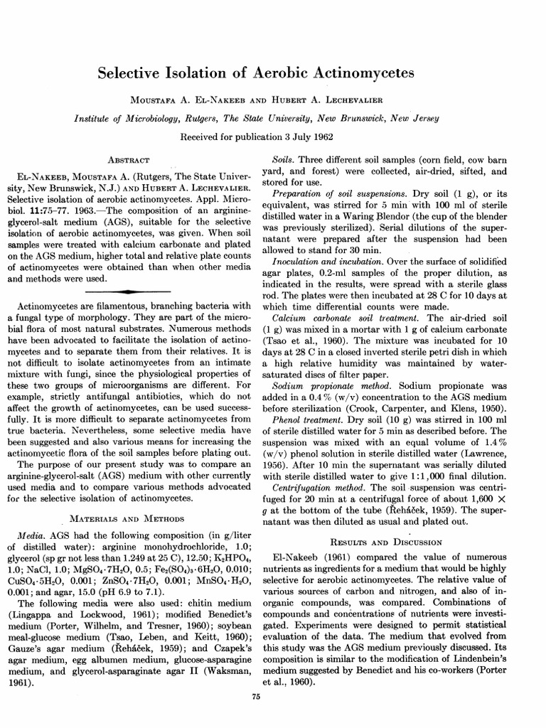 Selective Isolation of Aerobic Actinomycetes | PDF | Growth Medium | Soil