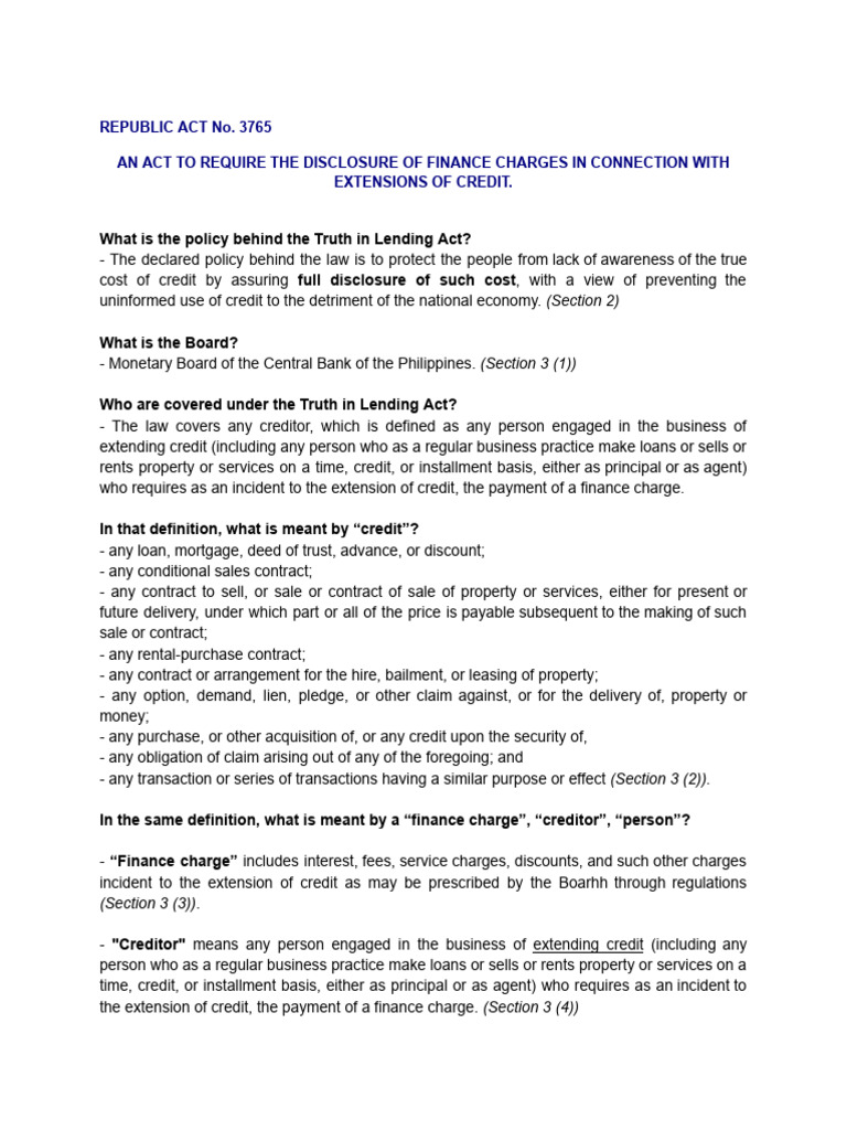 Truth in Lending Act Notes | PDF | Credit | Finance & Money Management