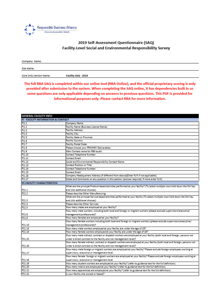 2019 Facility SAQ - Blank - For Posting Online | PDF | Occupational ...