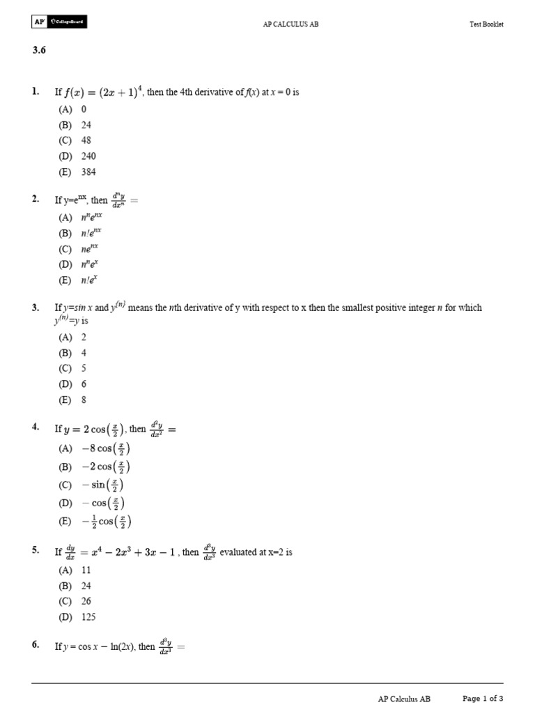 AP Calculus AB Practice Questions | PDF