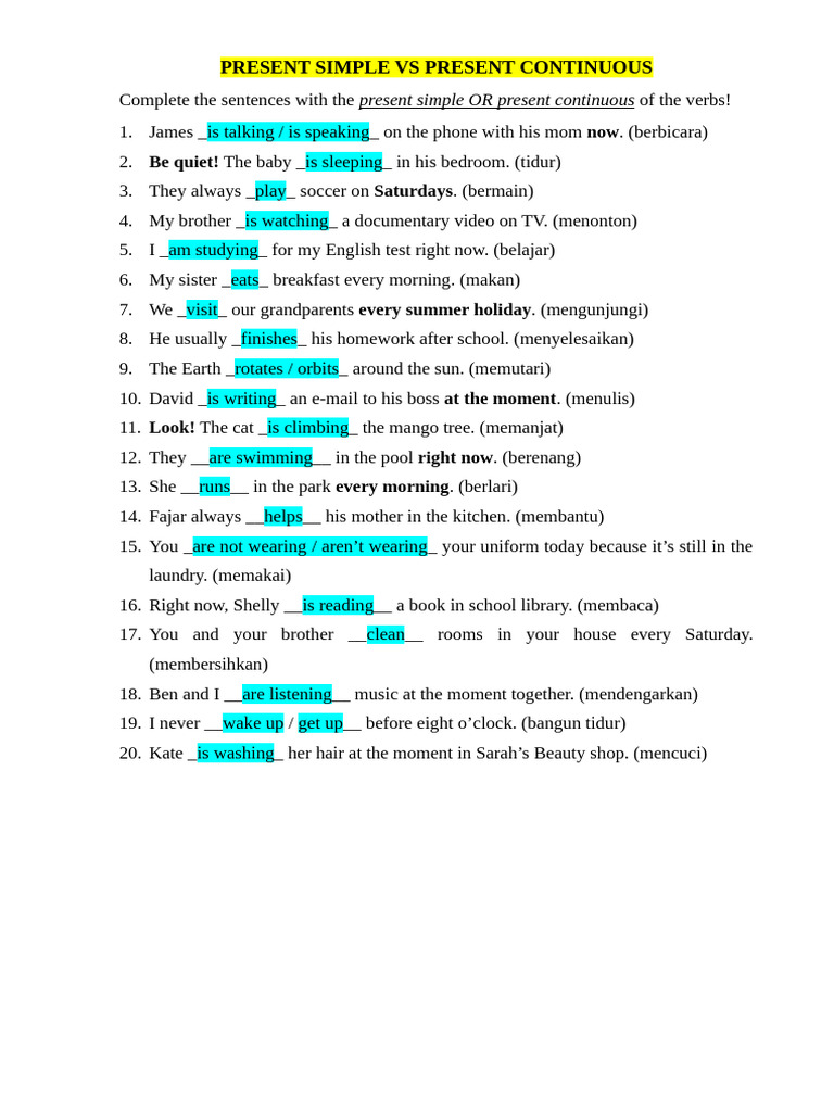 PRESENT SIMPLE VS PRESENT CONTINUOUS Exercises | PDF | Grammar ...